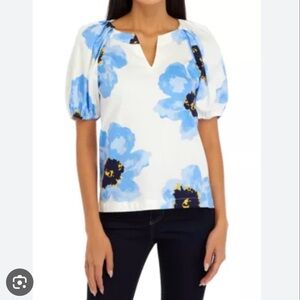 Anne Klein Blue and White Floral Puff Sleeve Blouse NWT